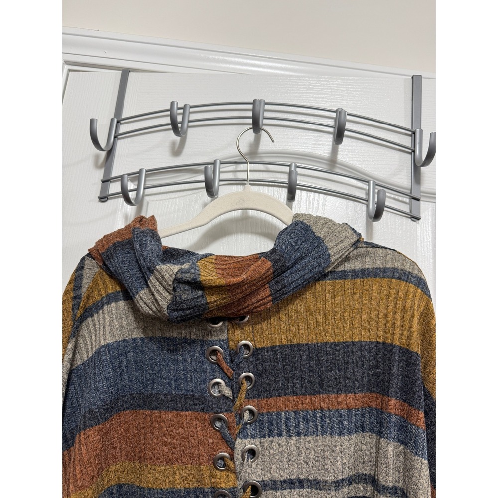Boho Ariella Womens Striped Ribbed Cowl Neck Sweater Lace Up Back Multi Color L - Picture 7 of 12